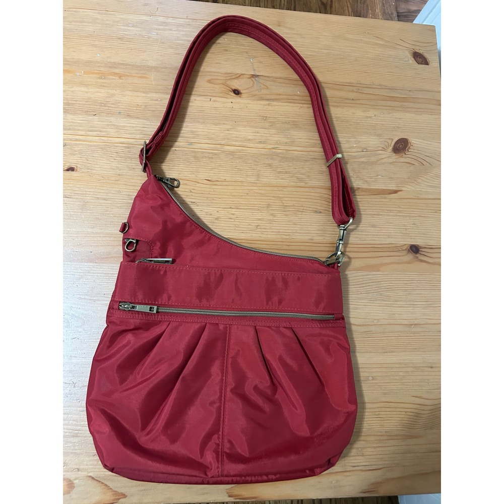 Travelon Anti-Theft Red Nylon Crossbody Hobo Bag RFID Blocking Pockets Utility